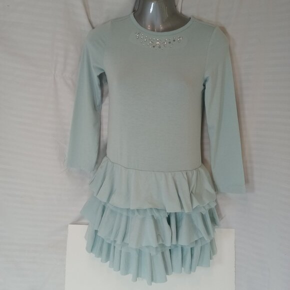 Y2K Gymboree Girls 9 Light Blue Jersey Knit Drop Waist Dress Ruffle Rhinestone - Picture 1 of 13